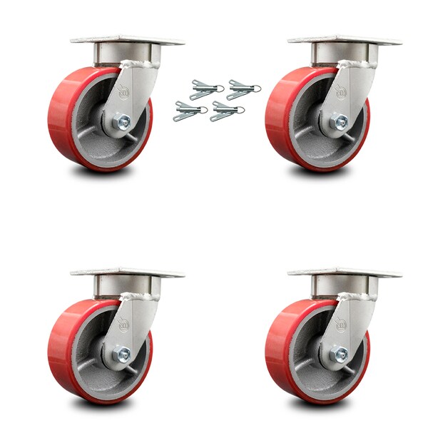 Service Caster 5 Inch Kingpinless Red Poly on Steel Wheel Swivel Caster Set with Swivel Lock SCC-KP30S520-PUR-RS-BSL-4 - main